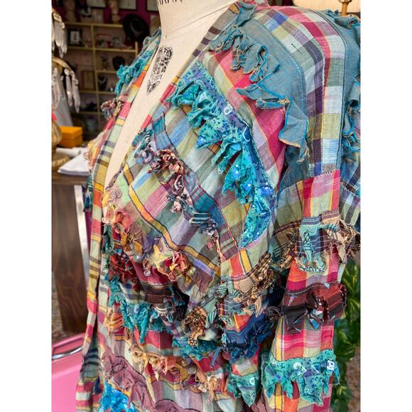 vintage 1990s Paula Sweet plaid fringe oversized rag jacket - Picture 4 of 8